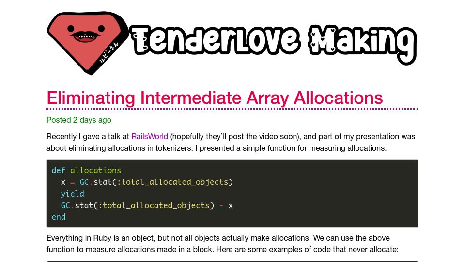 Screenshot of tenderlovemaking.com: Eliminating Intermediate Array Allocations