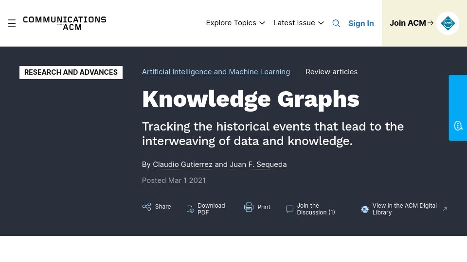 Screenshot of cacm.acm.org: Tracking the historical events that lead to the interweaving of knowledge (2021)