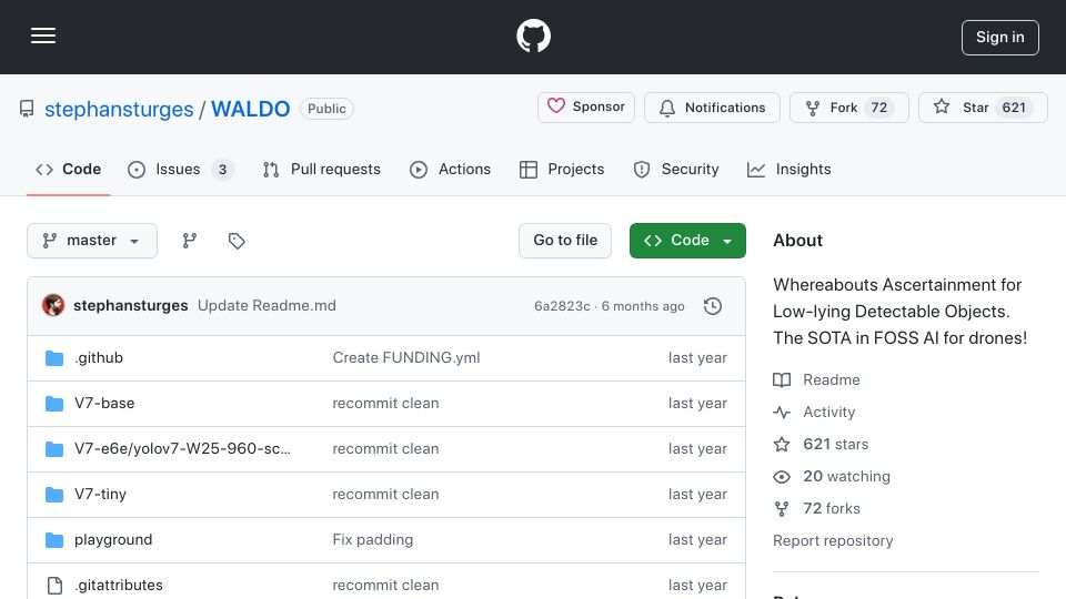 Screenshot of github.com: WALDO: Whereabouts Ascertainment for Low-Lying Detectable Objects