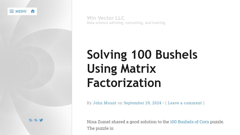 Screenshot of win-vector.com: Solving 100 Bushels Using Matrix Factorization