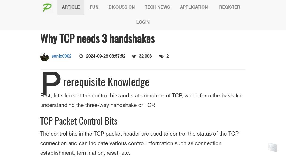 Screenshot of pixelstech.net: Why TCP needs 3 handshakes