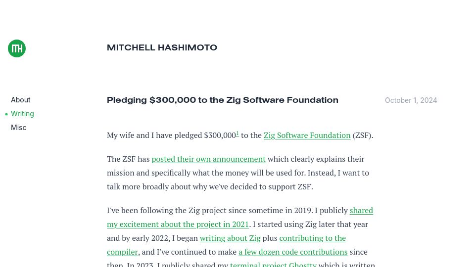 Screenshot of mitchellh.com: Pledging $300k to the Zig Software Foundation