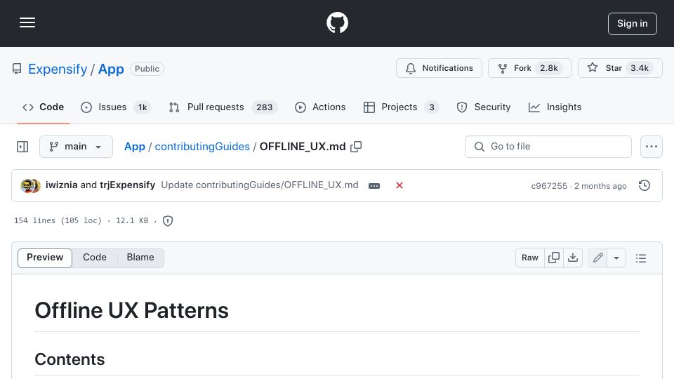 Screenshot of github.com: Offline UX Patterns