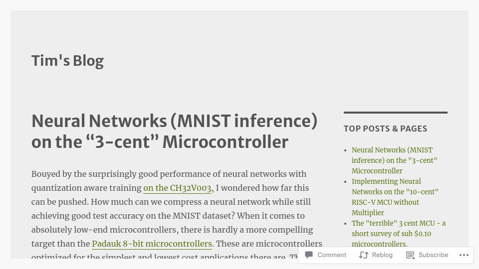 Screenshot of cpldcpu.wordpress.com: Implementing neural networks on the "3 cent" 8-bit microcontroller