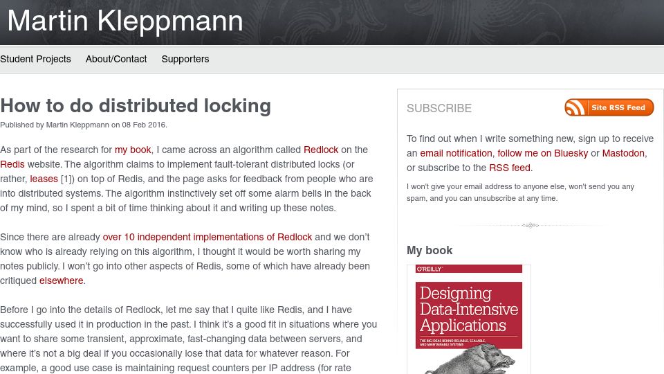 Screenshot of martin.kleppmann.com: How to do distributed locking (2016)