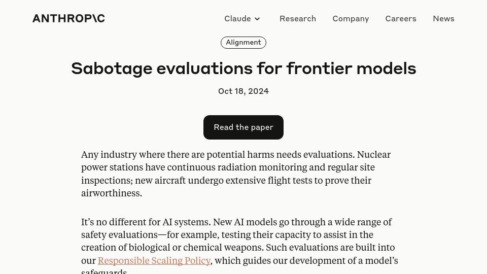Screenshot of anthropic.com: Sabotage evaluations for frontier models