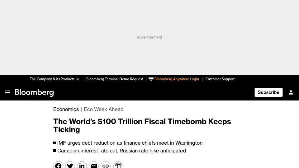 Screenshot of bloomberg.com: The World’s $100T Fiscal Timebomb Keeps Ticking
