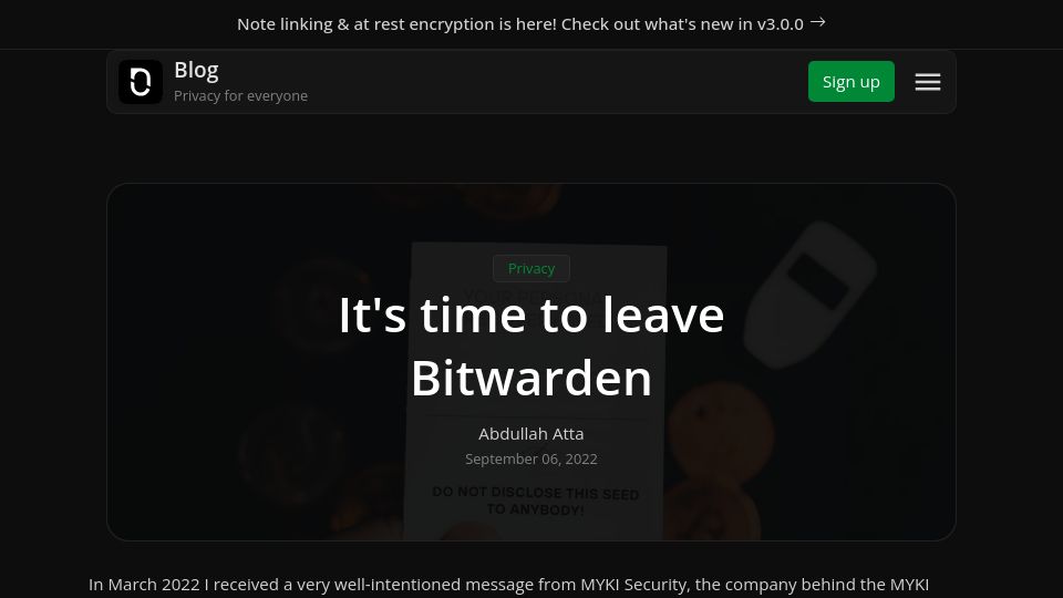 Screenshot of blog.notesnook.com: It's time to leave Bitwarden (2023)