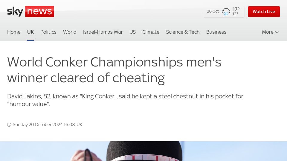 Screenshot of news.sky.com: World Conker Championships men's winner cleared of cheating