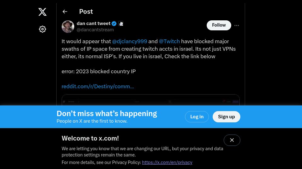 Screenshot of twitter.com: Twitch blocks creating new accounts from Israeli IP's