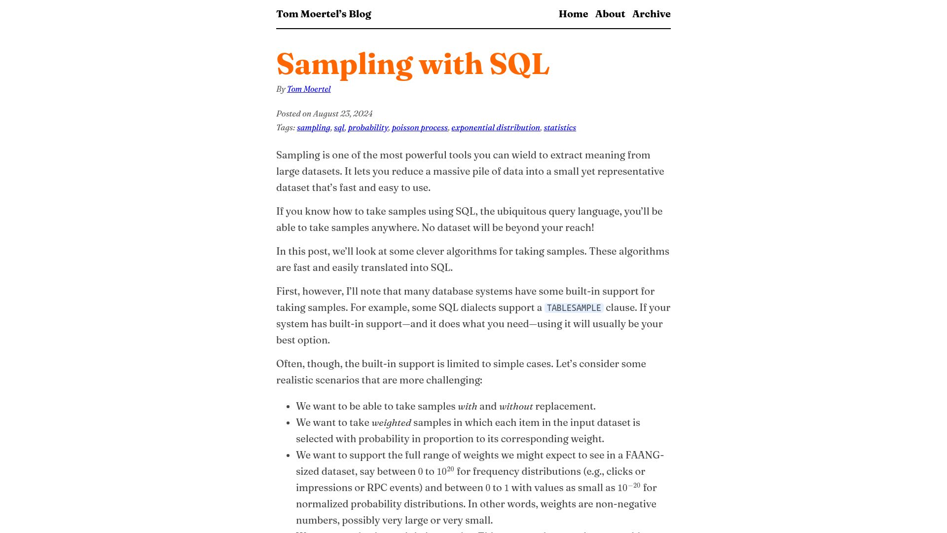 Screenshot of blog.moertel.com: Sampling with SQL