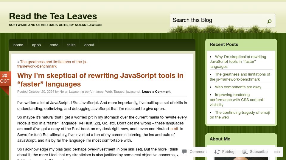 Screenshot of nolanlawson.com: Skeptical of rewriting JavaScript tools in "faster" languages
