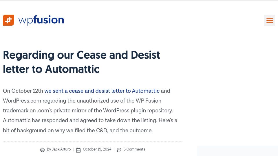 Screenshot of wpfusion.com: Regarding our Cease and Desist letter to Automattic