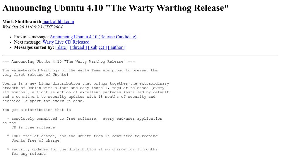 Screenshot of lists.ubuntu.com: Today is Ubuntu's 20th Anniversary