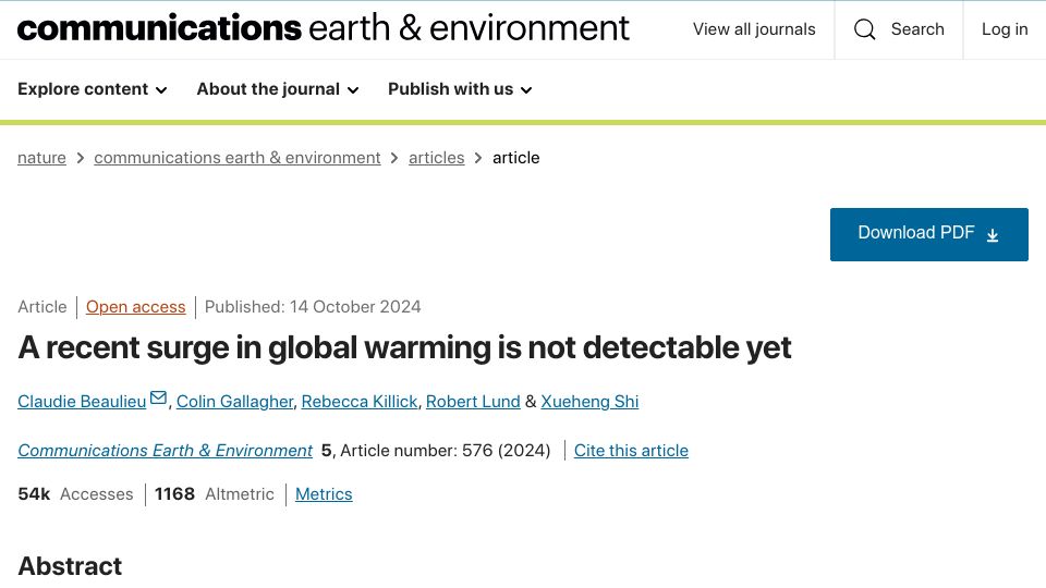Screenshot of nature.com: A recent surge in global warming is not detectable yet