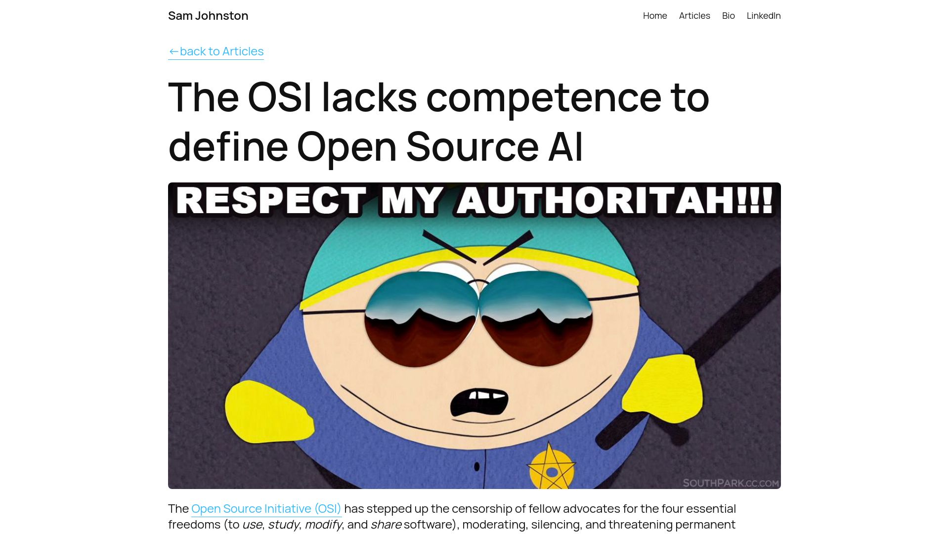 Screenshot of samjohnston.org: The OSI lacks competence to define Open Source AI