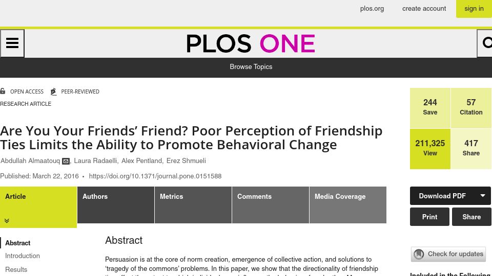 Screenshot of journals.plos.org: Poor Perception of Friendship Ties Limits the Ability to Promote Change (2016)