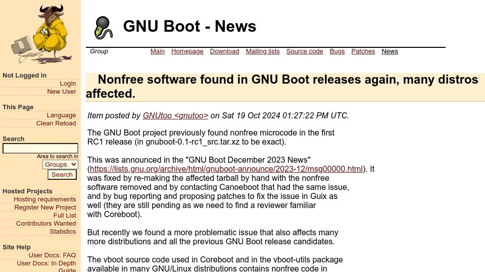 Screenshot of savannah.gnu.org: Nonfree software found in GNU Boot releases again, many distros affected