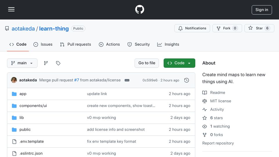 Screenshot of github.com: Show HN: Create mind maps to learn new things using AI