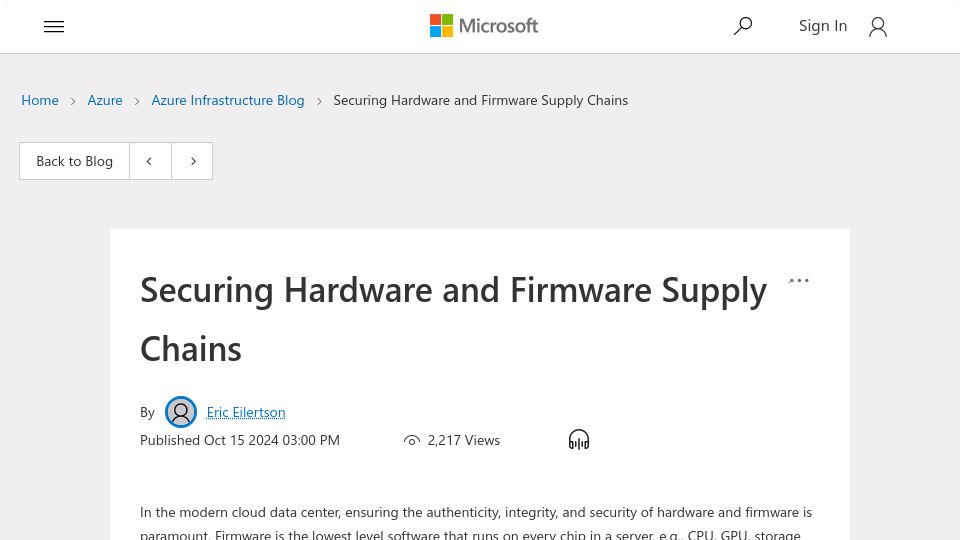 Screenshot of techcommunity.microsoft.com: Securing Hardware and Firmware Supply Chains