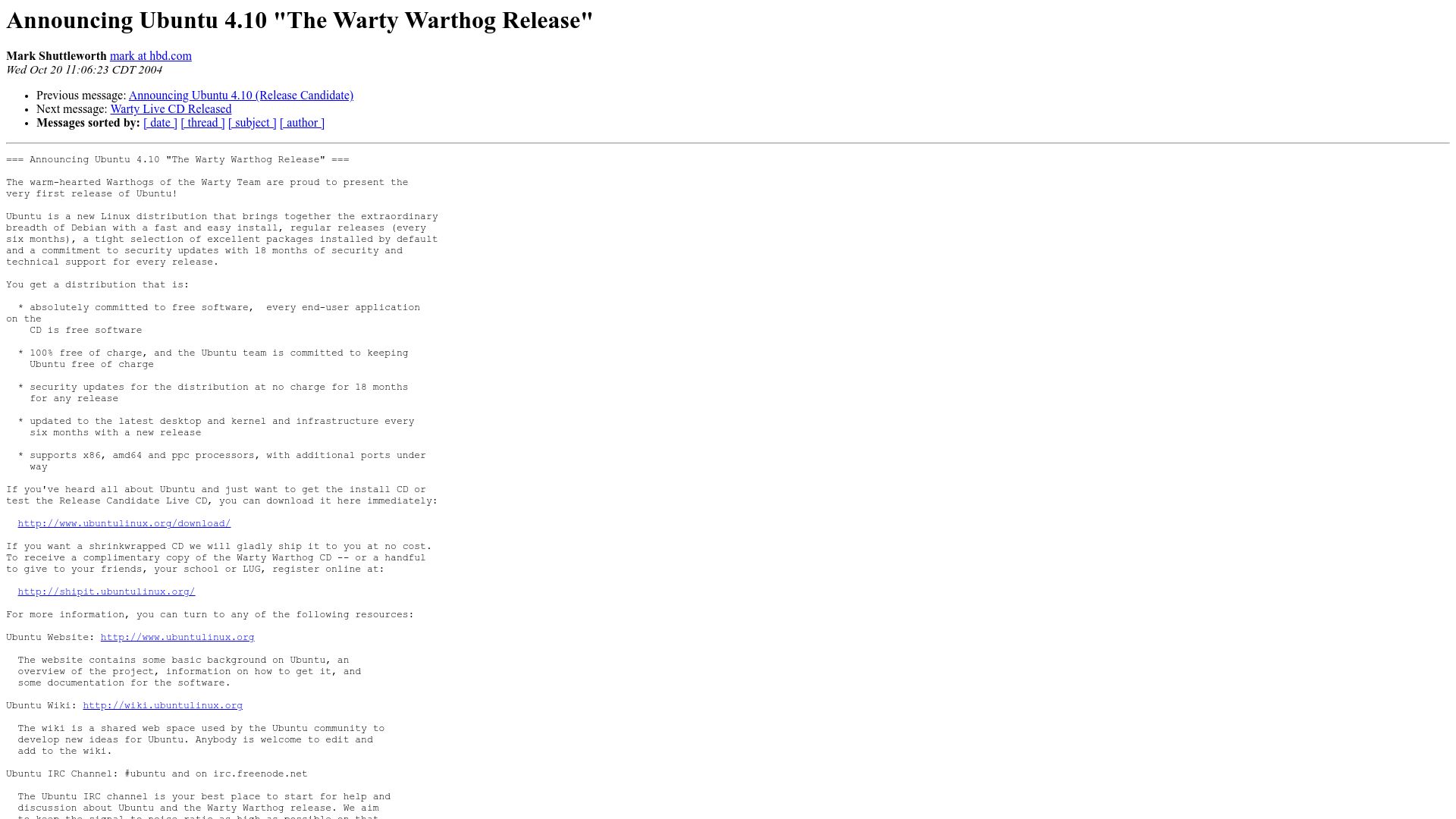 Screenshot of lists.ubuntu.com: Today is Ubuntu's 20th Anniversary
