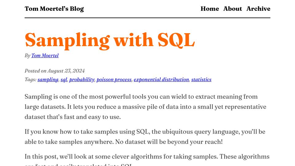 Screenshot of blog.moertel.com: Sampling with SQL