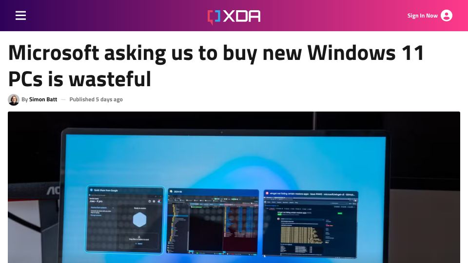 Screenshot of xda-developers.com: Microsoft asking us to buy new Windows 11 PCs is wasteful