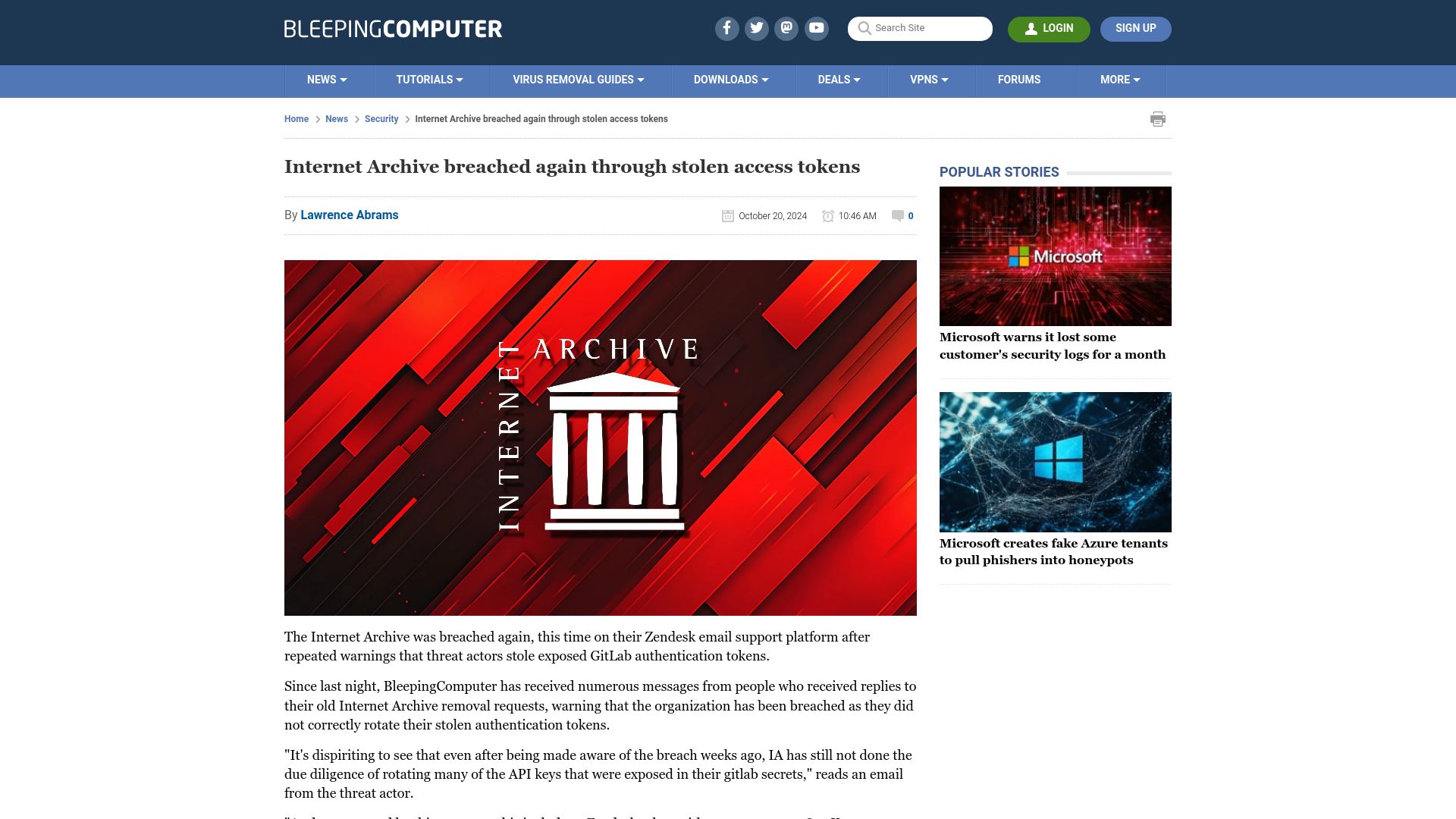 Screenshot of bleepingcomputer.com: Internet Archive breached again through stolen access tokens