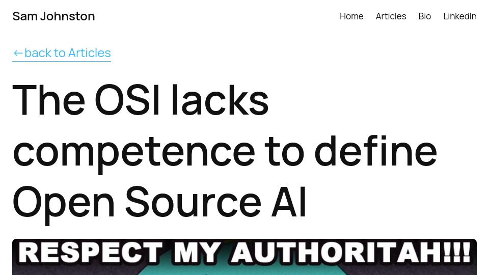 Screenshot of samjohnston.org: The OSI lacks competence to define Open Source AI