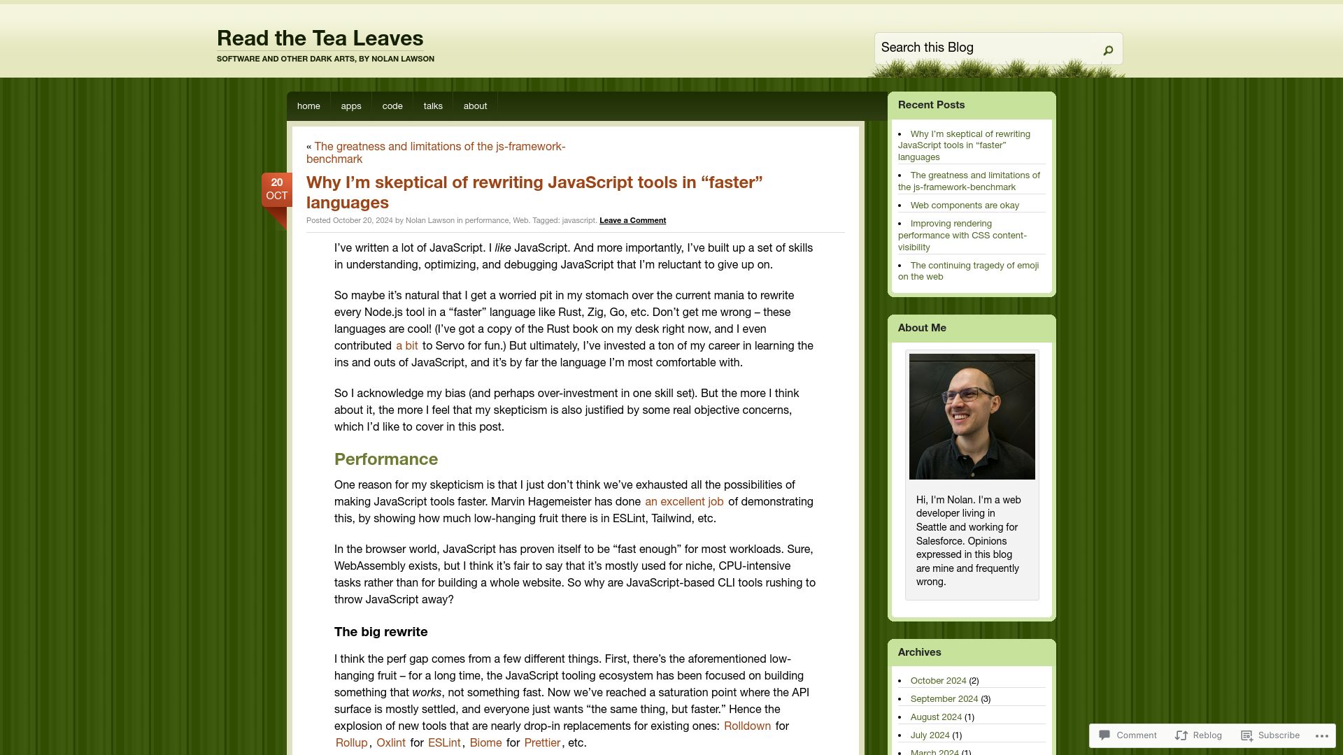 Screenshot of nolanlawson.com: Skeptical of rewriting JavaScript tools in "faster" languages