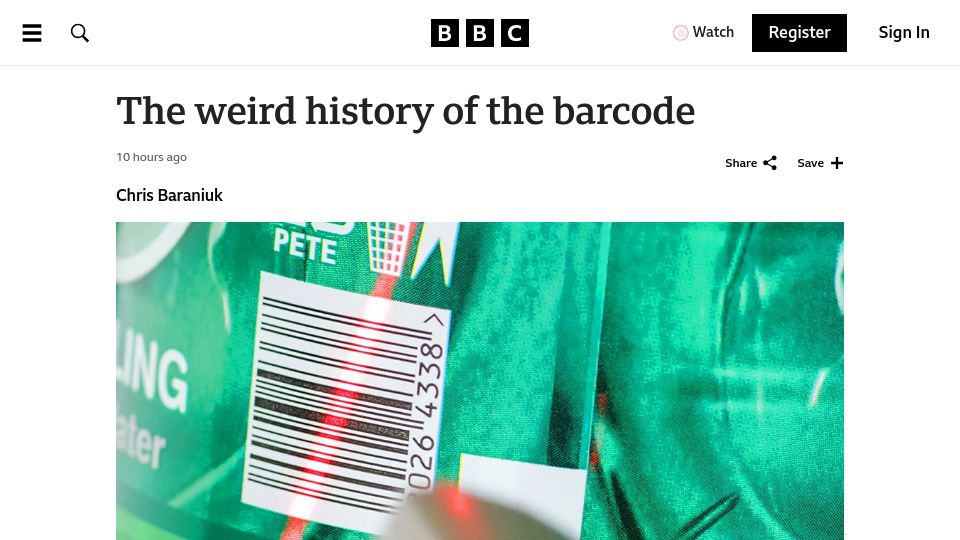 Screenshot of bbc.com: The history of the barcode