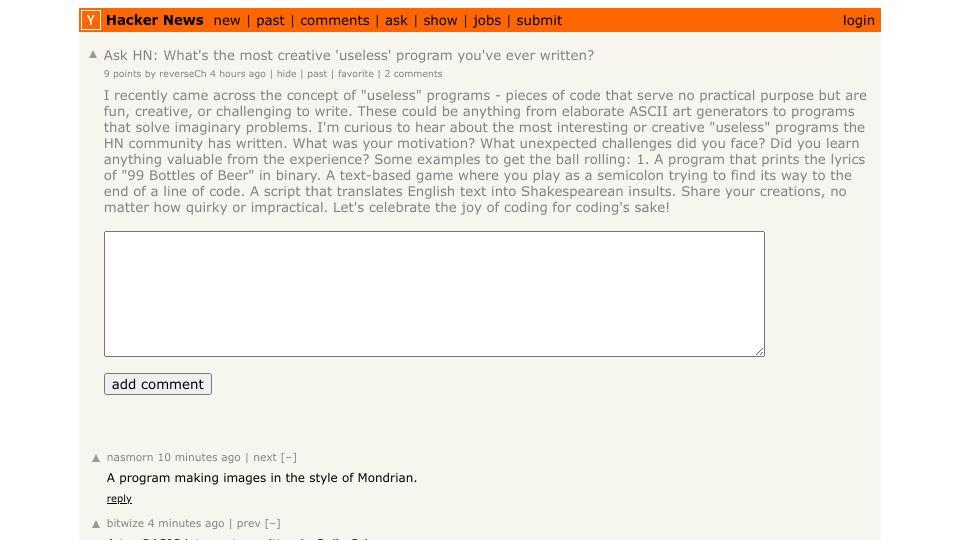 Screenshot of Hacker News post: Ask HN: What's the most creative 'useless' program you've ever written?