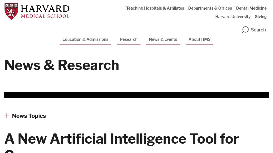Screenshot of hms.harvard.edu: A New Artificial Intelligence Tool for Cancer