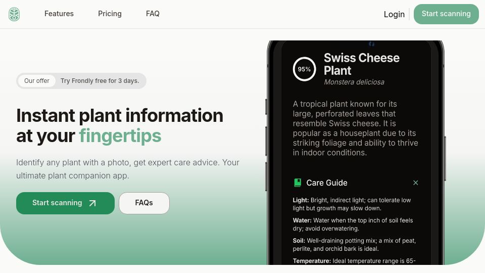 Screenshot of frondly.app: Show HN: I made a site to quick identify any plant and learn how to care for it