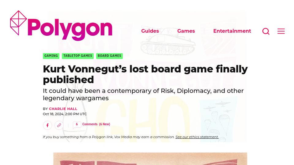 Screenshot of polygon.com: Kurt Vonnegut's lost board game published