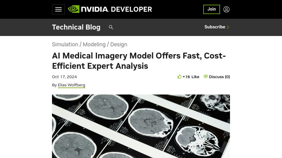 Screenshot of developer.nvidia.com: AI Medical Imagery Model Offers Fast, Cost-Efficient Expert Analysis