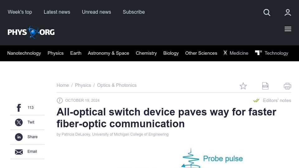 Screenshot of phys.org: All-optical switch device paves way for faster fiber-optic communication