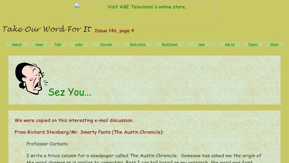Screenshot of takeourword.com: Origin of 'Daemon' in Computing