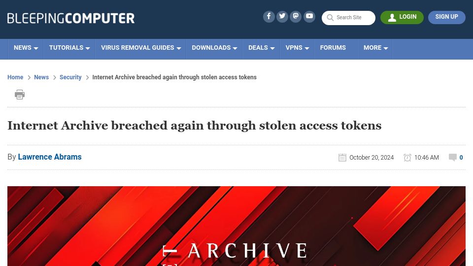 Screenshot of bleepingcomputer.com: Internet Archive breached again through stolen access tokens
