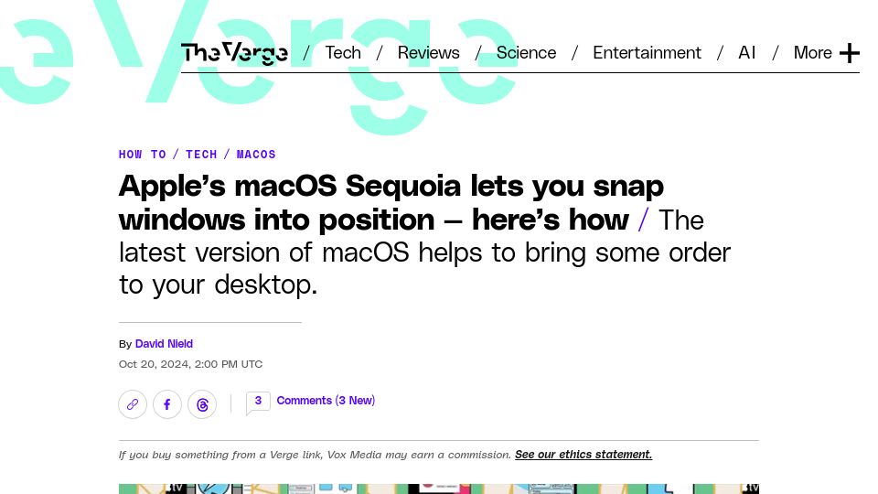Screenshot of theverge.com: Apple's macOS Sequoia lets you snap windows into position