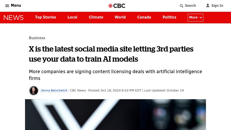 Screenshot of cbc.ca: X is the latest social media site letting 3rd parties use your data to train AI