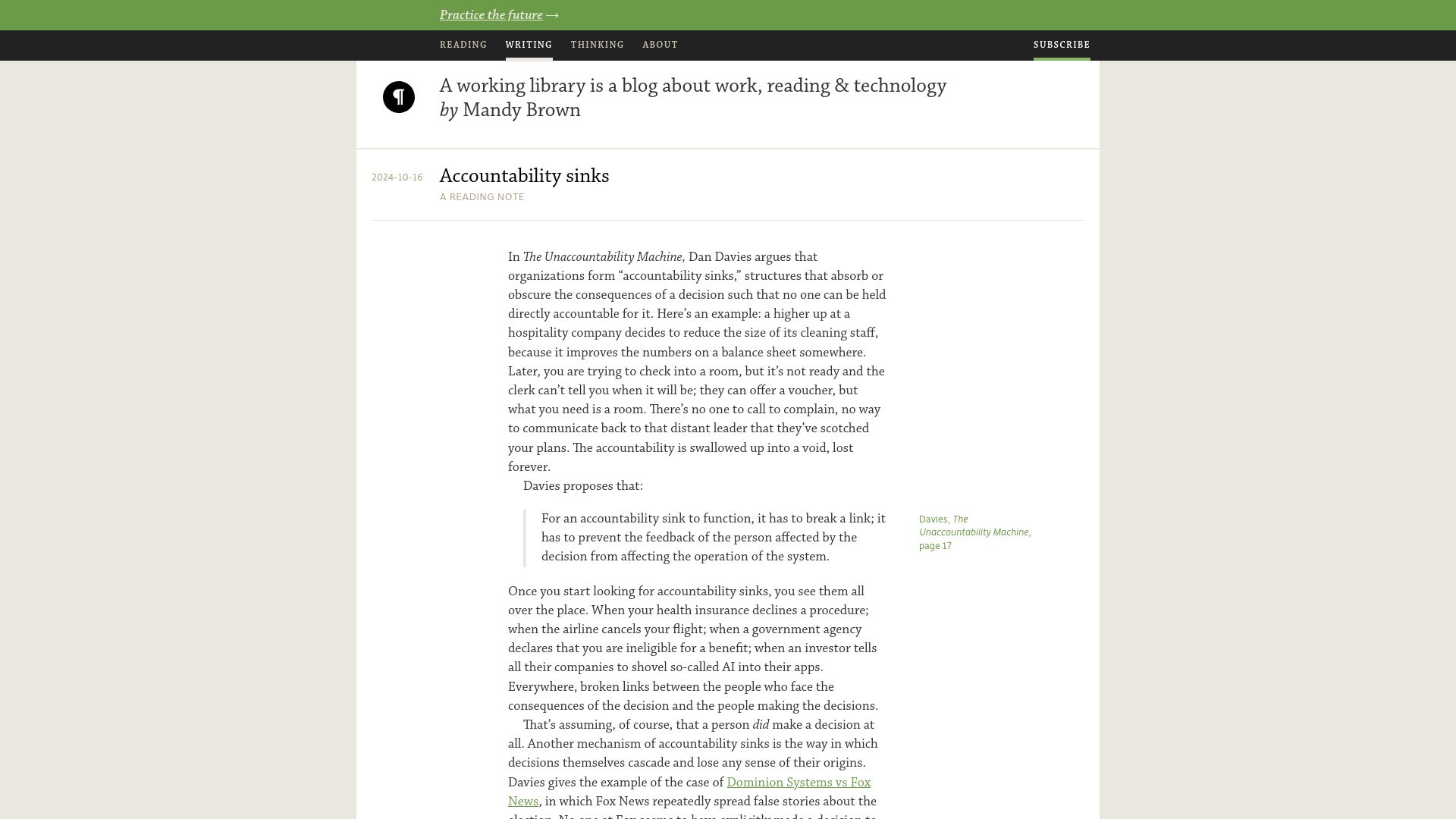 Screenshot of aworkinglibrary.com: Accountability sinks