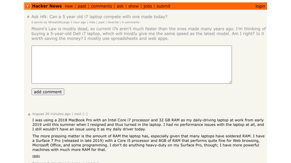Screenshot of Hacker News post: Ask HN: Can a 5 year old i7 laptop compete with one made today?