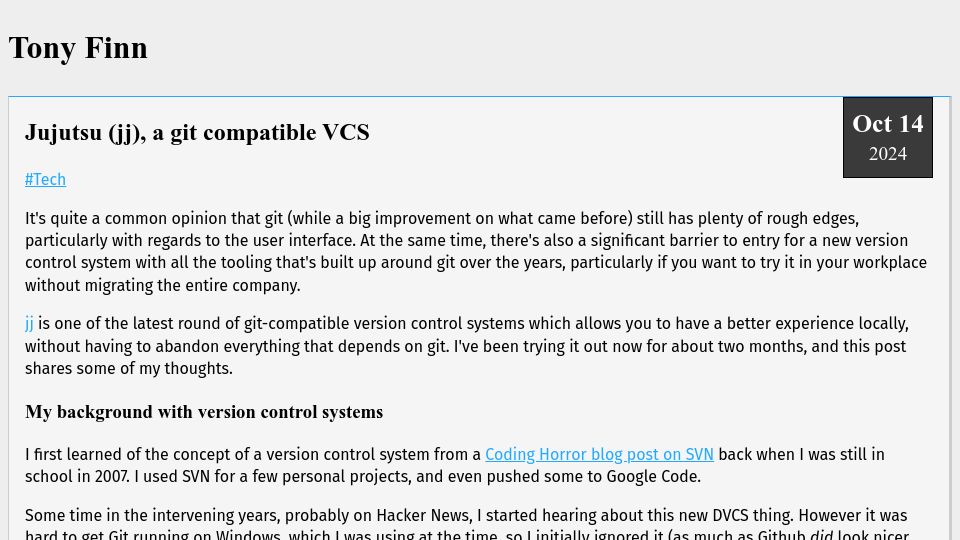 Screenshot of tonyfinn.com: Jujutsu (jj), a Git compatible VCS