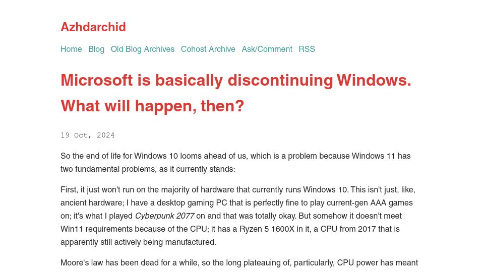 Screenshot of azhdarchid.com: Microsoft is basically discontinuing Windows. What will happen, then?