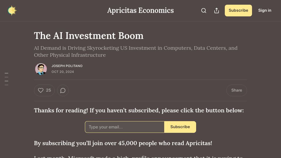 Screenshot of apricitas.io: The AI Investment Boom