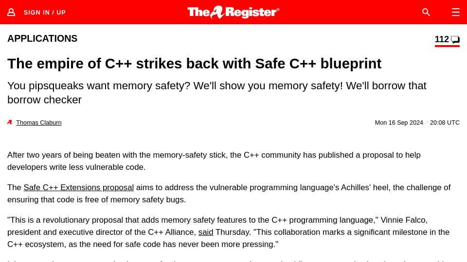Screenshot of theregister.com: The empire of C++ strikes back with Safe C++ blueprint