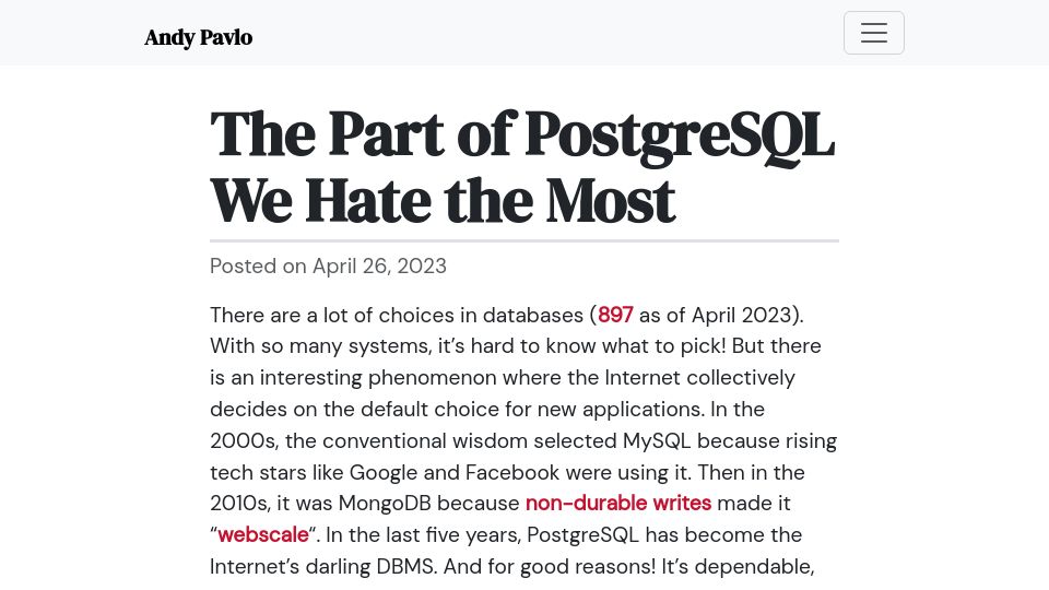 Screenshot of cs.cmu.edu: MVCC – the part of PostgreSQL we hate the most (2023)