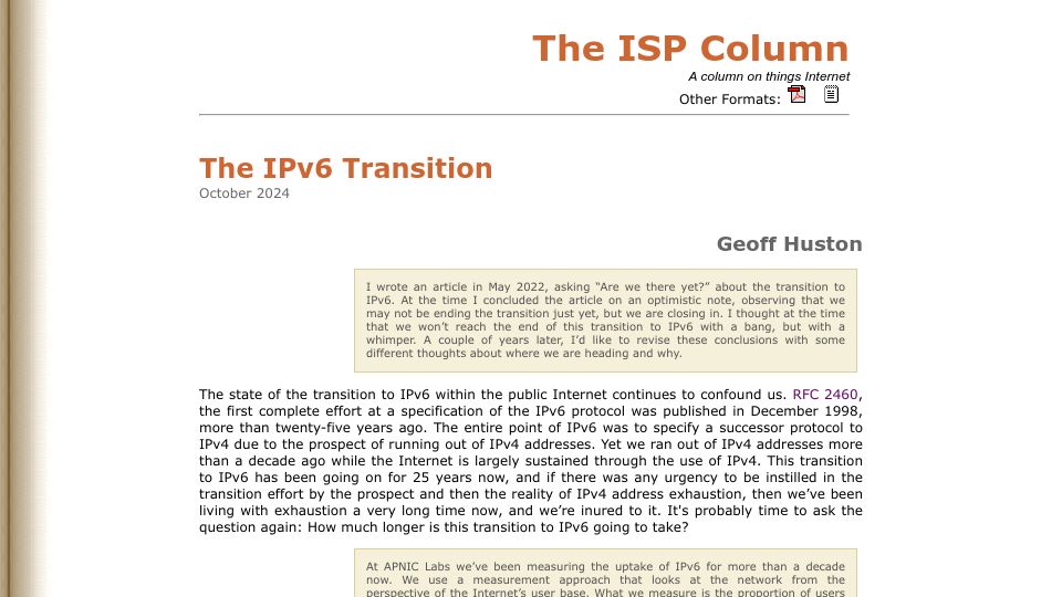 Screenshot of potaroo.net: The IPv6 Transition