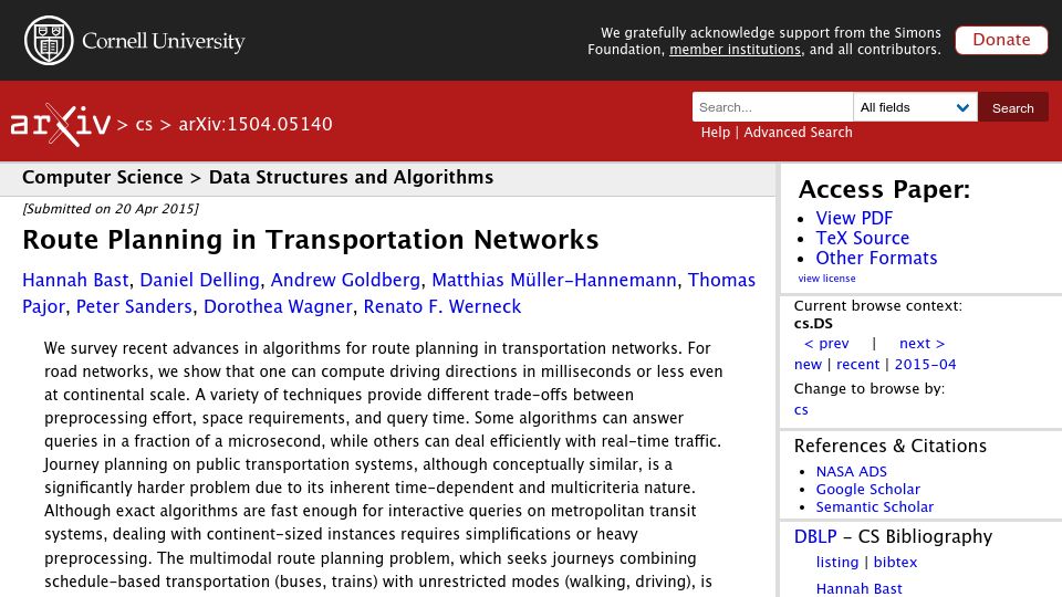 Screenshot of arxiv.org: Route Planning in Transportation Networks (2015)